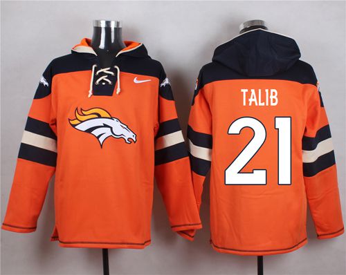 Nike Broncos #21 Aqib Talib Orange Player Pullover NFL Hoodie - Click Image to Close